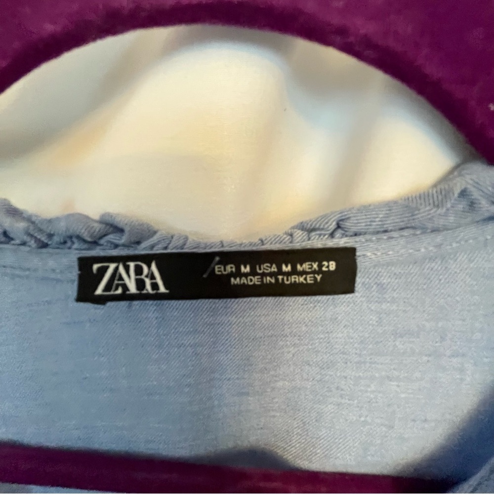 Zara Blue Ruffled 3/4 Sleeve Bib Collar Blouse - Picture 5 of 5